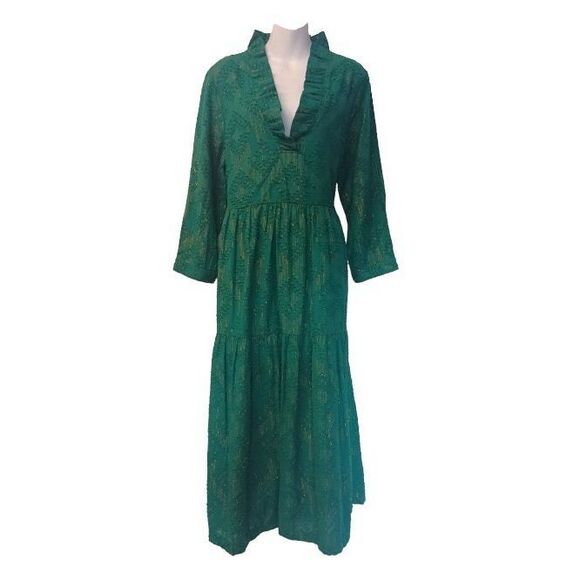 Crown & Ivy Size M Petite Ruffle Neck Tiered Midi Dress Emerald Green Gold Fall - Picture 3 of 13